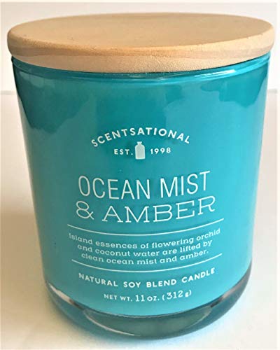 Natural Soy Wax Blend Scented Candle Ocean-Mist + Amber Glossy Teal Glass Jar, 11 Oz.