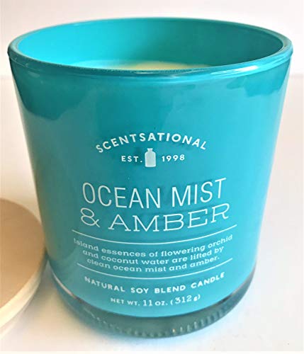 Natural Soy Wax Blend Scented Candle Ocean-Mist + Amber Glossy Teal Glass Jar, 11 Oz.