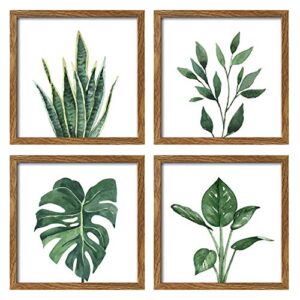artbyhannah 10×10 inch 4 panels botanical framed walnut picture frame collage set for wall art décor with watercolor green leaf tropical plant square frame for gallery wall kit or home decoration