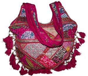 tribe azure women medium shoulder bag tote colorful roomy casual boho purse travel beach top handle tassel bright (pink)