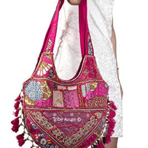 Tribe Azure Women Medium Shoulder Bag Tote Colorful Roomy Casual Boho Purse Travel Beach Top Handle Tassel Bright (PINK)