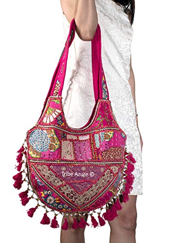 Tribe Azure Women Medium Shoulder Bag Tote Colorful Roomy Casual Boho Purse Travel Beach Top Handle Tassel Bright (PINK)