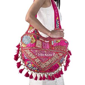 Tribe Azure Women Medium Shoulder Bag Tote Colorful Roomy Casual Boho Purse Travel Beach Top Handle Tassel Bright (PINK)