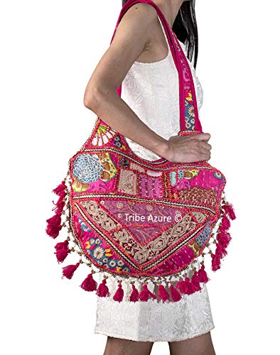 Tribe Azure Women Medium Shoulder Bag Tote Colorful Roomy Casual Boho Purse Travel Beach Top Handle Tassel Bright (PINK)