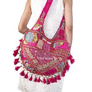Tribe Azure Women Medium Shoulder Bag Tote Colorful Roomy Casual Boho Purse Travel Beach Top Handle Tassel Bright (PINK)