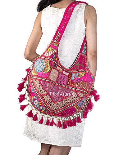 Tribe Azure Women Medium Shoulder Bag Tote Colorful Roomy Casual Boho Purse Travel Beach Top Handle Tassel Bright (PINK)