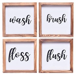 athena’s elements farmhouse bathroom wall decor wash, brush, floss, flush sign modern rustic style home decoration solid wood frame 32 x 7 inches or 15 x 15 inches (set of 4)