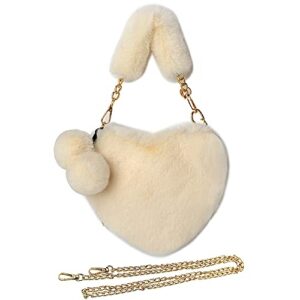 rejolly furry purse for girls heart shaped fluffy faux fur handbag for women soft small valentine’s day shoulder bag clutch purse with pom poms creamy white