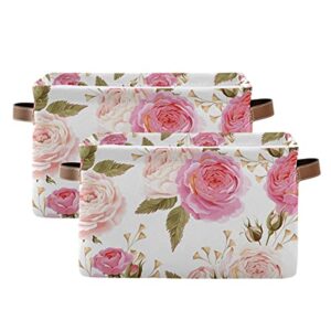 agona spring pink rose floral flower foldable storage bin large collapsible fabric storage box organizer containers baskets with leather handles for shelves home bedroom organizer nursery office 2 pac