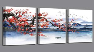 canvas art wall decor for bedroom 3 pieces framed wall art modern wall decor for bathroom mountain lake plum blossom theme art prints modern wall art artwork for kitchen home walls 12×16 each panel