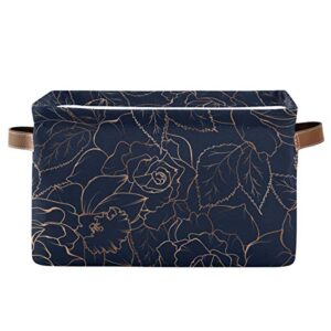 agona navy blue gold rose peony floral foldable storage bin large collapsible fabric storage box organizer containers baskets with leather handles for shelves home bedroom organizer nursery office 2 p