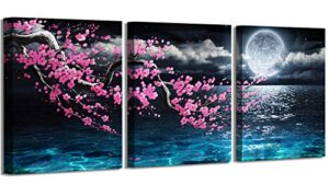 canvas art wall decor framed wall art plum blossom moon ocean art prints wall decor for bedroom modern wall pictures for bathroom 3 pieces wall decorations for home kitchen size 12×16 each panel