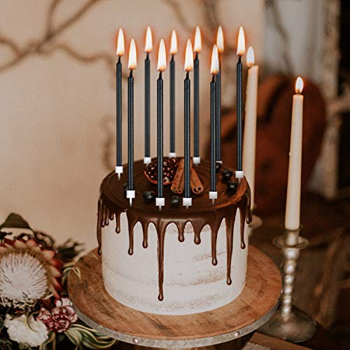 LUTER 24pcs Metallic Birthday Candles in Holders Black Tall Birthday Cake Candles Long Thin Cupcake Candles for Birthday Wedding Party Decoration