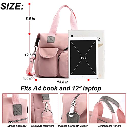 Women Utility Tote Bag Waterproof Nylon Multi Pocket Shoulder Bags Work Bag Teacher Purses and Handbags for Nurses (Baby Pink)