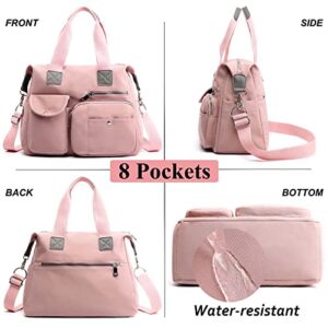 Women Utility Tote Bag Waterproof Nylon Multi Pocket Shoulder Bags Work Bag Teacher Purses and Handbags for Nurses (Baby Pink)