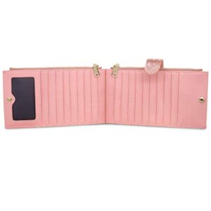 Womens RFID Blocking Pink Glitter Leather Multi Card Organizer Bifold Pink Wallet with Zipper Pocket,Rose Gold