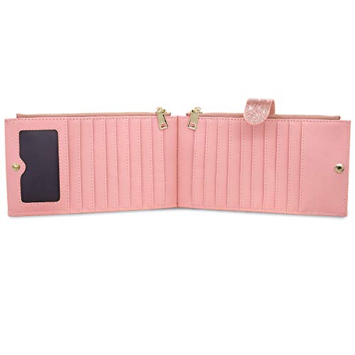 Womens RFID Blocking Pink Glitter Leather Multi Card Organizer Bifold Pink Wallet with Zipper Pocket,Rose Gold