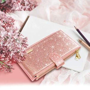 Womens RFID Blocking Pink Glitter Leather Multi Card Organizer Bifold Pink Wallet with Zipper Pocket,Rose Gold