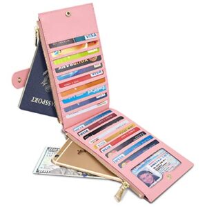 Womens RFID Blocking Pink Glitter Leather Multi Card Organizer Bifold Pink Wallet with Zipper Pocket,Rose Gold