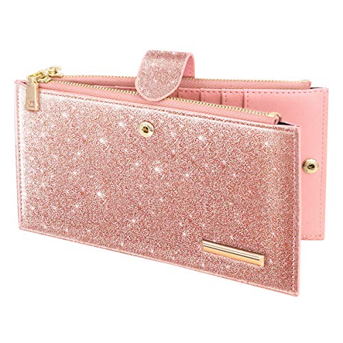 Womens RFID Blocking Pink Glitter Leather Multi Card Organizer Bifold Pink Wallet with Zipper Pocket,Rose Gold