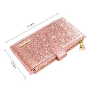 Womens RFID Blocking Pink Glitter Leather Multi Card Organizer Bifold Pink Wallet with Zipper Pocket,Rose Gold