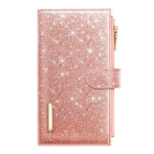 Womens RFID Blocking Pink Glitter Leather Multi Card Organizer Bifold Pink Wallet with Zipper Pocket,Rose Gold