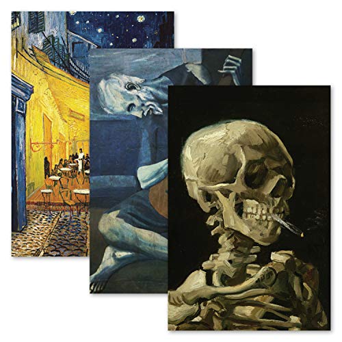 3 Pack: Vincent Van Gogh Skeleton + Cafe Terrace at Night + The Old Guitarist by Pablo Picasso Poster Set - Set of 3 Fine Art Prints (LAMINATED, 18" x 24")