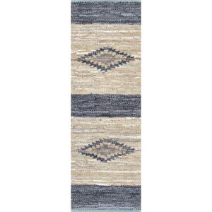 nuLOOM Farren Hand Woven Diamond Leather Runner Rug, 2' x 6', Grey