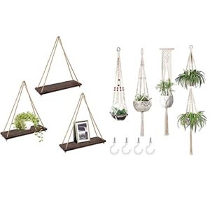 mkono set of 3 wood wall hanging shelves boho decor and set of 4 macrame plant hanger