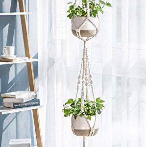 Mkono Set of 3 Wood Wall Hanging Shelves Boho Decor and Set of 4 Macrame Plant Hanger