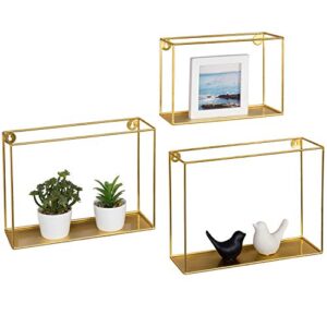 mygift wall mounted floating shelf display organizer with brass-tone metal wire frame, set of 3 – handcrafted in india