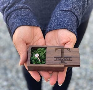 wood ring box engagement proposal wedding ring bearer box jewelry storage ring holder (slide walnut engrave)