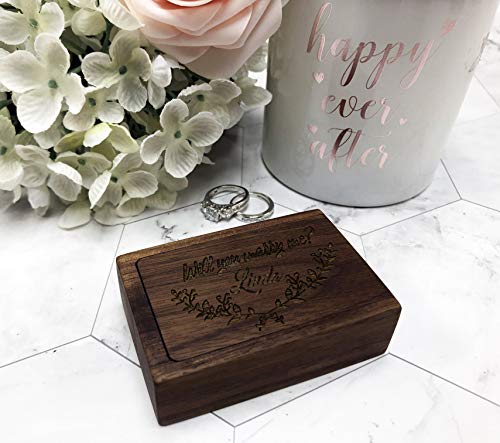 Wood Ring Box Engagement Proposal Wedding Ring Bearer Box Jewelry Storage Ring Holder (Slide Walnut Engrave)