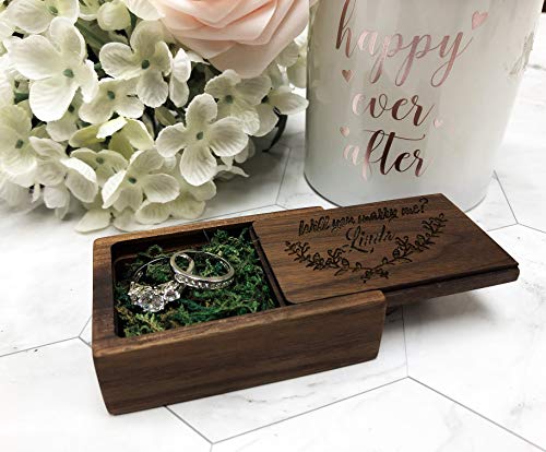 Wood Ring Box Engagement Proposal Wedding Ring Bearer Box Jewelry Storage Ring Holder (Slide Walnut Engrave)