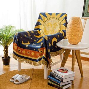 maynest sun and moon stars hippie throw blanket celestial tapestry double-sided reversible woven cotton home decor bedding chair couch recliner cover loveseat rug oversized tassels blue yellow (71×51)