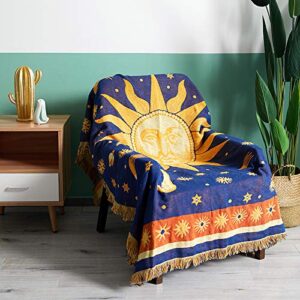 MayNest Sun And Moon Stars Hippie Throw Blanket Celestial Tapestry Double-sided Reversible Woven Cotton Home Decor Bedding Chair Couch Recliner Cover Loveseat Rug Oversized Tassels Blue Yellow (71x51)