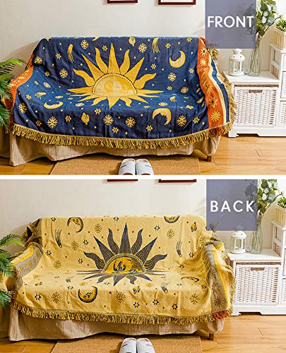 MayNest Sun And Moon Stars Hippie Throw Blanket Celestial Tapestry Double-sided Reversible Woven Cotton Home Decor Bedding Chair Couch Recliner Cover Loveseat Rug Oversized Tassels Blue Yellow (71x51)