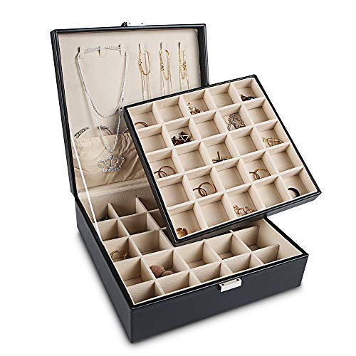 Frebeauty Earring Organizer Classic Jewelry Box 50 Slots Double Layer Jewelry Storage Case with 6 Necklace Hook and Bracelet Pocket (Black)