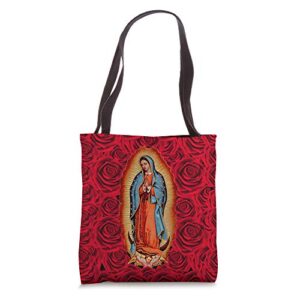 our lady virgen de guadalupe virgin mary rose floral tote bag