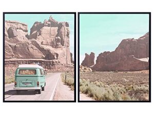 desert cactus travel photo set – 8×10 volkswagen van picture posters – gift for american west photography fans – unframed wall art prints