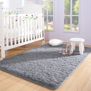 Quenlife Soft Bedroom Rug, Plush Shaggy Carpet Rug for Living Room, Fluffy Area Rug for Kids Grils Room Nursery Home Decor Fuzzy Rugs with Anti-Slip Bottom, 4 x 6ft, Grey