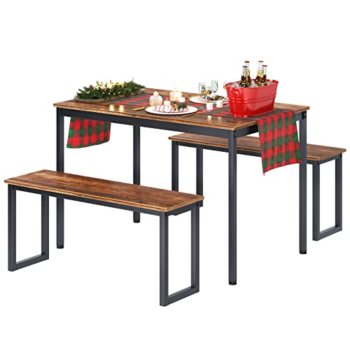 soges Kitchen Table Set with 2 Benches, Bench Dining Table Set for 4, 3 Piece Dining Room Table and Long Benches, Breakfast Table Coffee Table Set, Industrial Style Wooden Kitchen and Dining Room Set