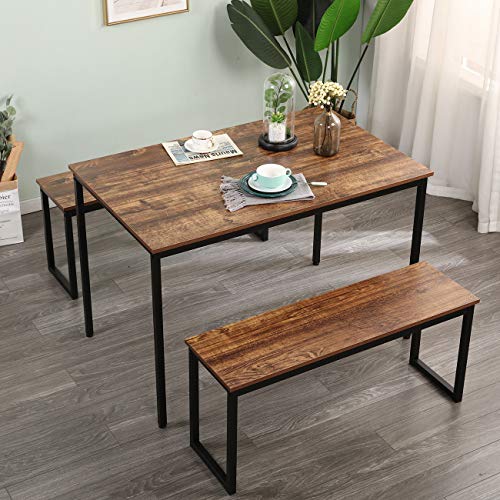 soges Kitchen Table Set with 2 Benches, Bench Dining Table Set for 4, 3 Piece Dining Room Table and Long Benches, Breakfast Table Coffee Table Set, Industrial Style Wooden Kitchen and Dining Room Set