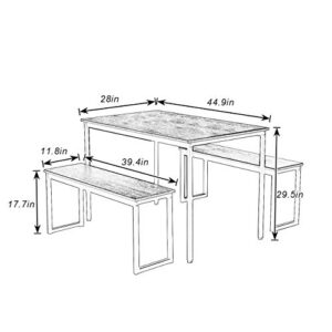 soges Kitchen Table Set with 2 Benches, Bench Dining Table Set for 4, 3 Piece Dining Room Table and Long Benches, Breakfast Table Coffee Table Set, Industrial Style Wooden Kitchen and Dining Room Set