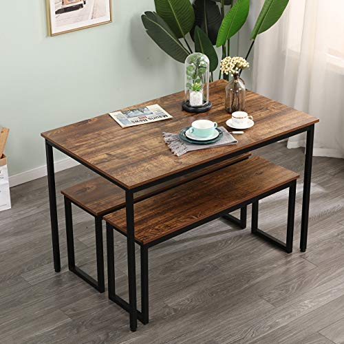 soges Kitchen Table Set with 2 Benches, Bench Dining Table Set for 4, 3 Piece Dining Room Table and Long Benches, Breakfast Table Coffee Table Set, Industrial Style Wooden Kitchen and Dining Room Set