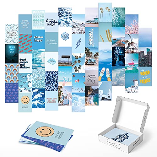 HAUS AND HUES Blue Photo Collage Kit for Wall Aesthetic Décor Beach Aesthetic Posters & Aesthetic Pictures for Wall Collage | Aesthetic Blue Wall Collage Kits College Room Decor (Set of 50)