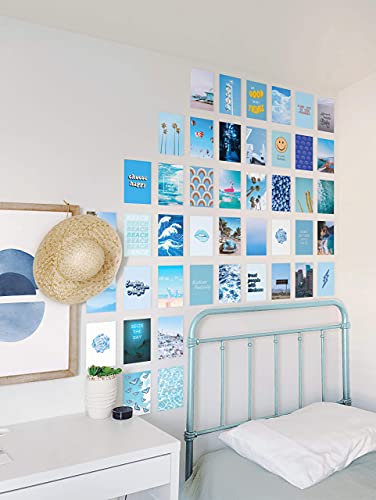 HAUS AND HUES Blue Photo Collage Kit for Wall Aesthetic Décor Beach Aesthetic Posters & Aesthetic Pictures for Wall Collage | Aesthetic Blue Wall Collage Kits College Room Decor (Set of 50)