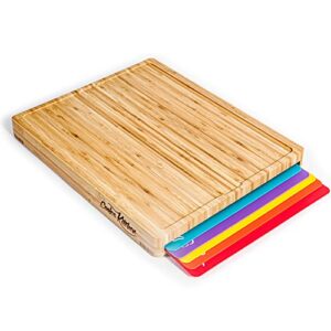 easy-to-clean bamboo wood cutting board set with 6 color-coded flexible cutting mats with food icons – chopping board set