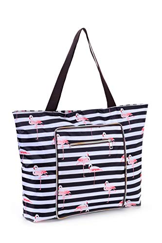 Women Beach Tote Utility Bag with Zipper, Black Stripe Foldable Cute Large Swim pool Waterproof Bag for Travel, Gym, yoga, Mom in Law Female Friend Sister Wife Girlfriend Good Gift