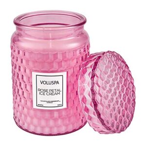 voluspa rose petal ice cream large jar glass candle with matching lid, 18 ounces